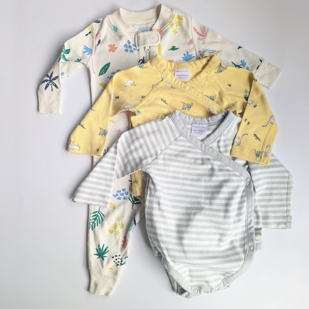 Trio Set Hanna Andersson Baby Bodysuits/Sleepers Yellow Gray Green Strip Sz3-6